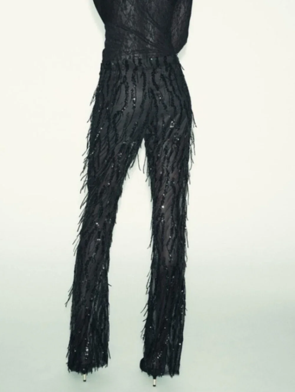 Zara SEQUIN FRINGED FLARE PANTS LEGGINGS BLACK SIZE L
